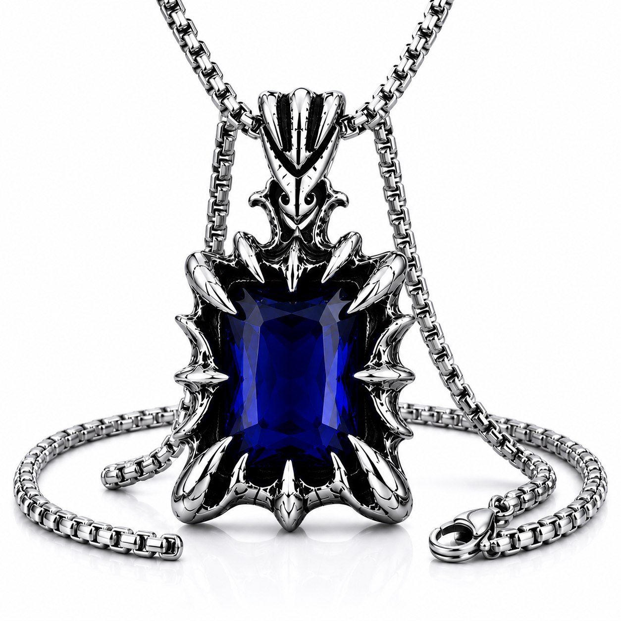 Retro Fantasy Vintage Gothic Crystal Pendant Necklace Dark Silver Stainless Steel Chain Blue Green Red Black Gem PN0029