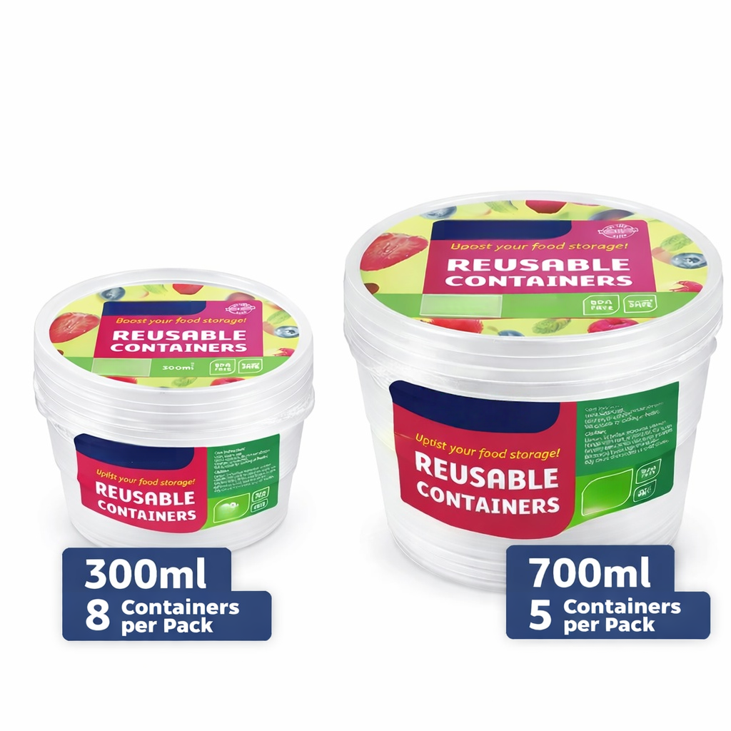 Round Reusable Food Container 300 / 700ml BPA Free Microwave Safe Takeaway with Lid # KIT 309597 / KIT 309603