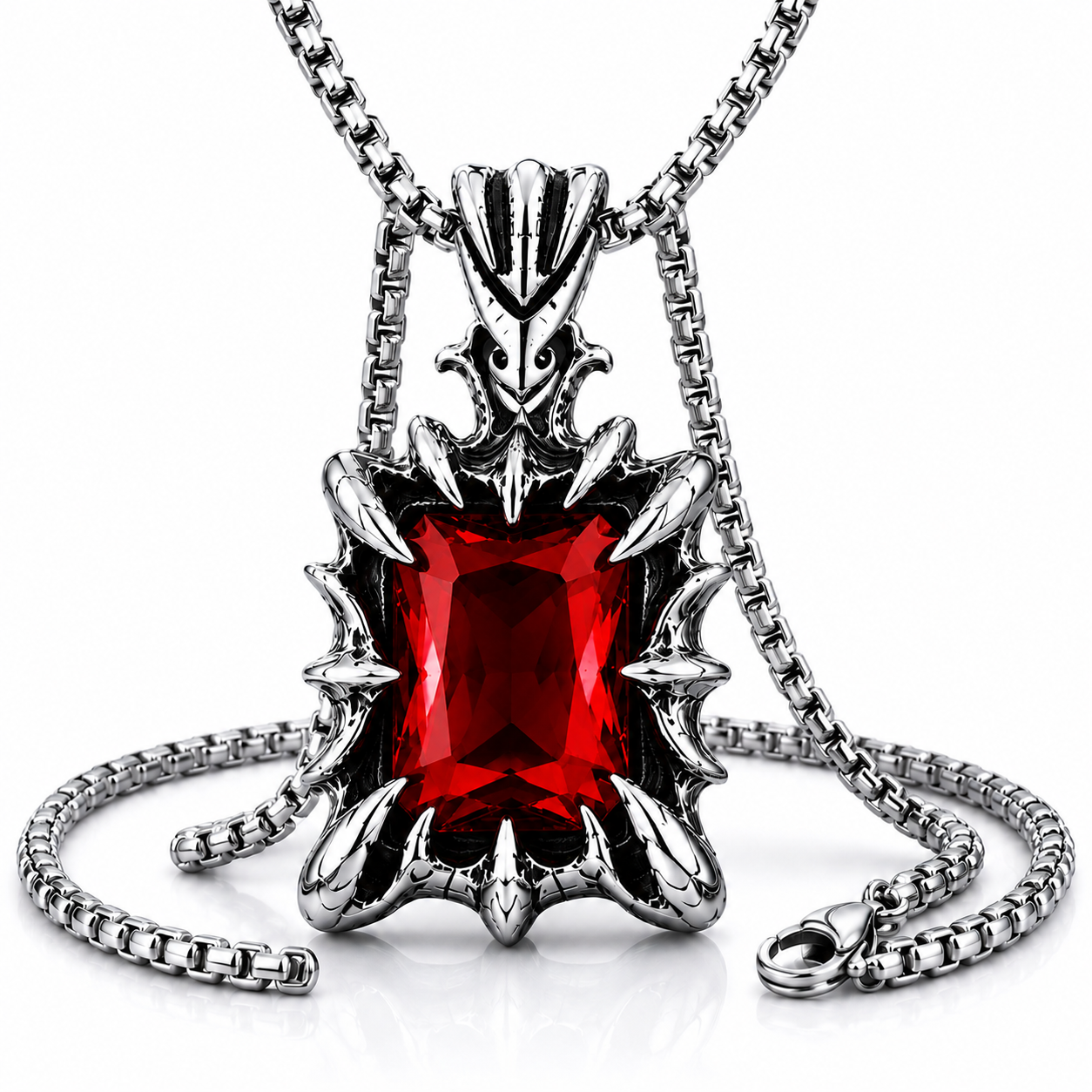 Retro Fantasy Vintage Gothic Crystal Pendant Necklace Dark Silver Stainless Steel Chain Blue Green Red Black Gem PN0029