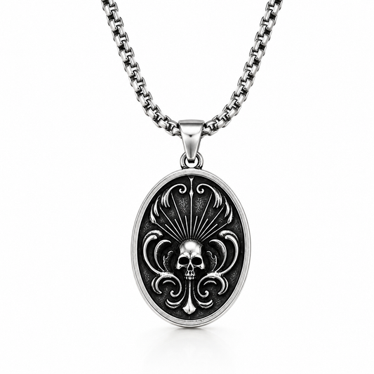Retro Skull Oval Pendant Necklace Stainless Steel Double-Sided Gothic Necklace with Chain Vintage Punk Jewellery Gift PN0004