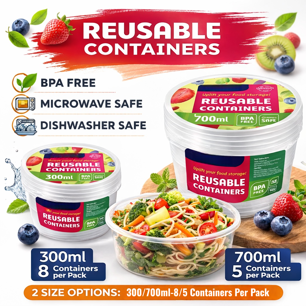 Round Reusable Food Container 300 / 700ml BPA Free Microwave Safe Takeaway with Lid # KIT 309597 / KIT 309603