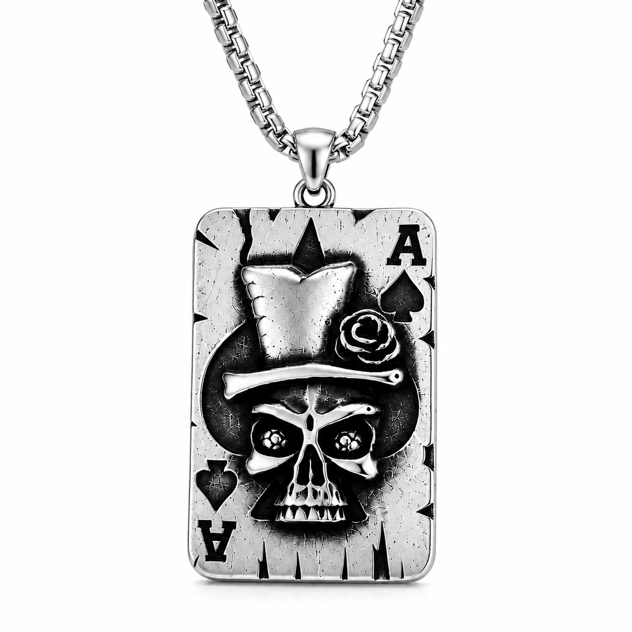 Men Gothic Skull Poker Ace Card Pendant Necklace Stainless Steel Vintage Punk Punk Street Style Biker Chain PN0008