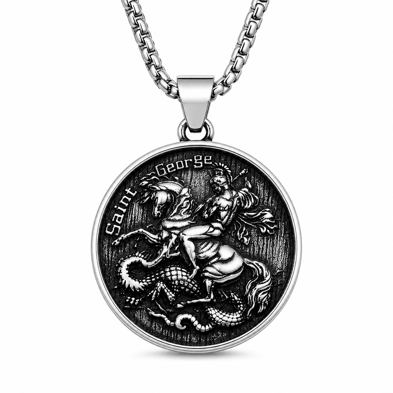 Men Saint George Dragon Pendant Necklace Stainless Steel Round Medallion Chain Gothic Retro Christian Amulet Jewellery Gift PN0006