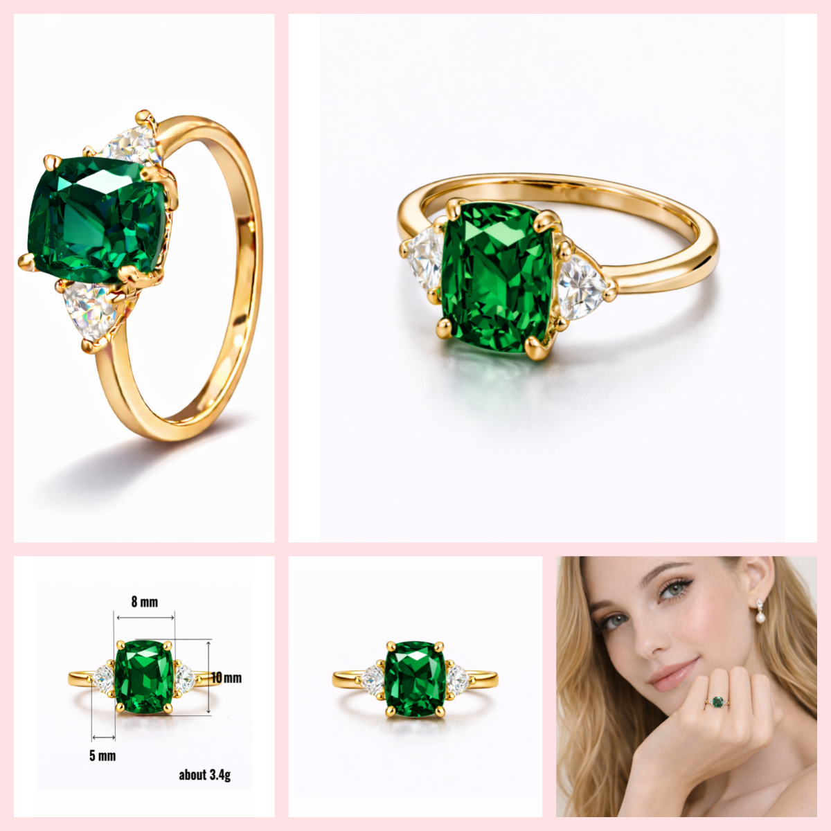 Women Gold Tone Cushion Cut Zircon Rings Green Blue Red Pink & FREE LED Gift Box # R228