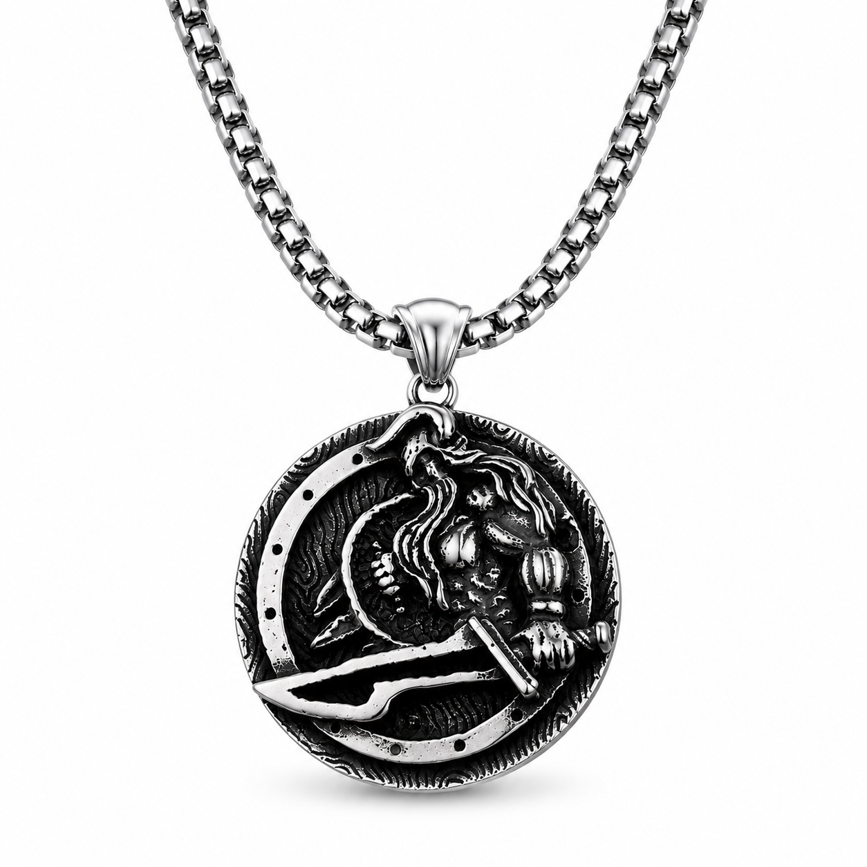 Men Viking Warrior Pendant Necklace Norse Mythology Stainless Steel Round Amulet with Chain PN0014