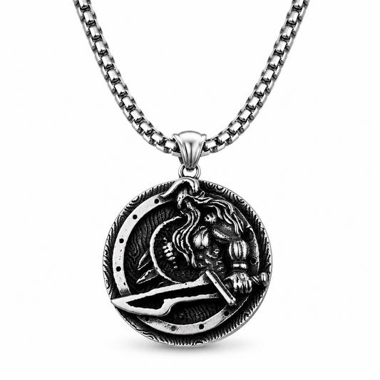 Men Viking Warrior Pendant Necklace Norse Mythology Stainless Steel Round Amulet with Chain PN0014