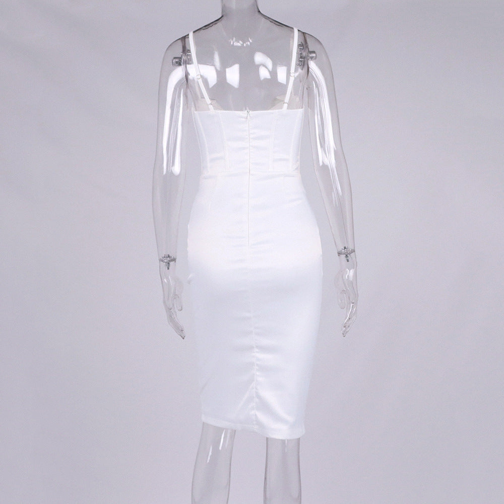 Women Fashion Sexy Satin Fish Bone Pleated Spaghetti Straps MidI Skirt Dress