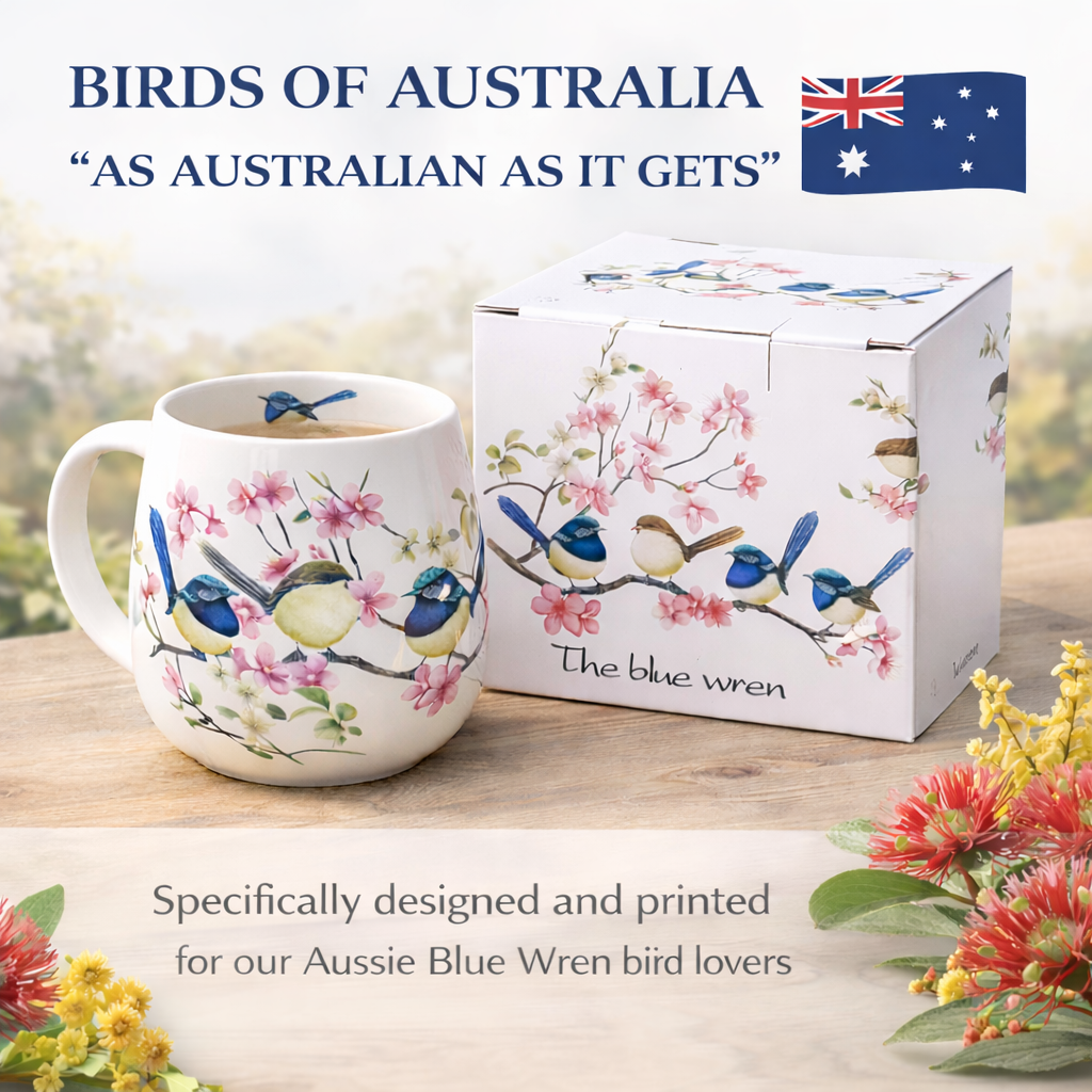 Blue Wren Bird Floral Mug 400ml Fine Porcelain Coffee Tea Cup Birthday Gift Box