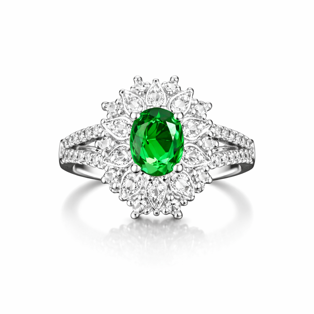 Women Green Oval CZ Halo Ring Silver Tone Alloy Engagement Style Jewellery Gift # R190