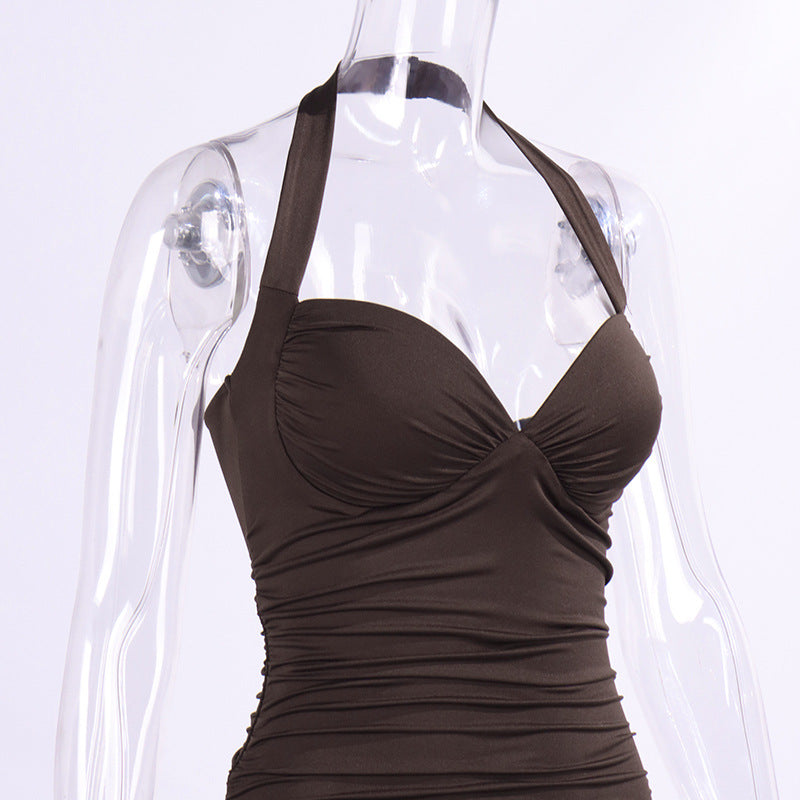 Women Sexy Halter Neckline Backless Tight Fitting Pleated Miniskirt Dress
