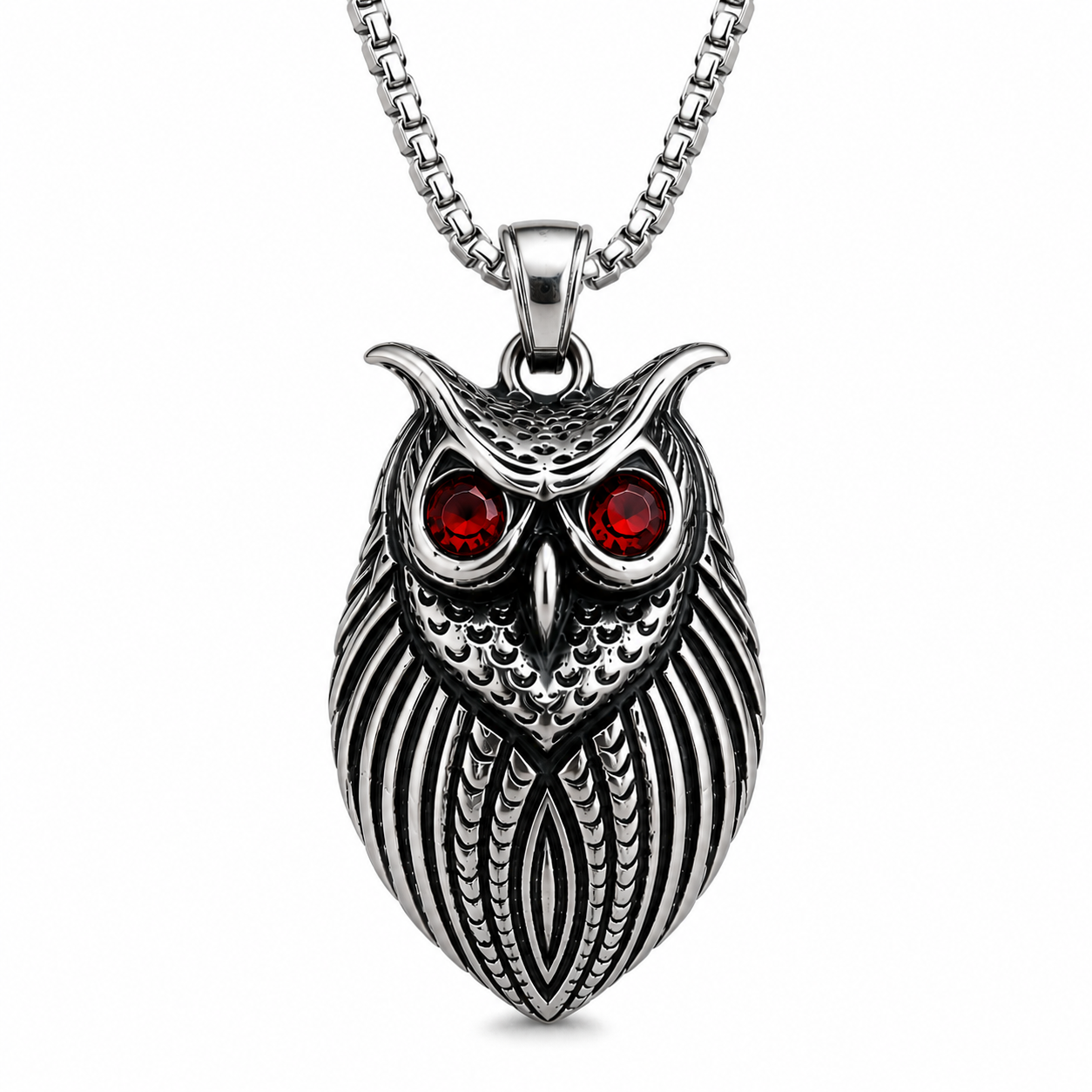 Retro Owl Necklace Stainless Steel Pendant Red Green Gem Eyes Gothic Animal Charm Chain Gift PN0027