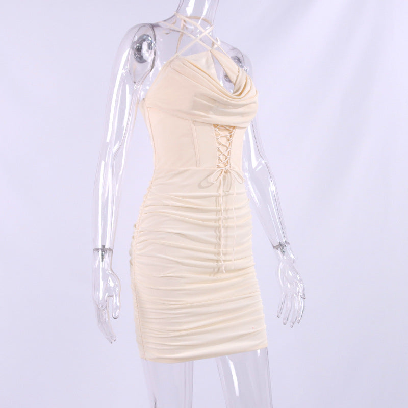 Women Sexy Halter Neck Backless Cross Frenulum Tight Fitting Miniskirt Dress