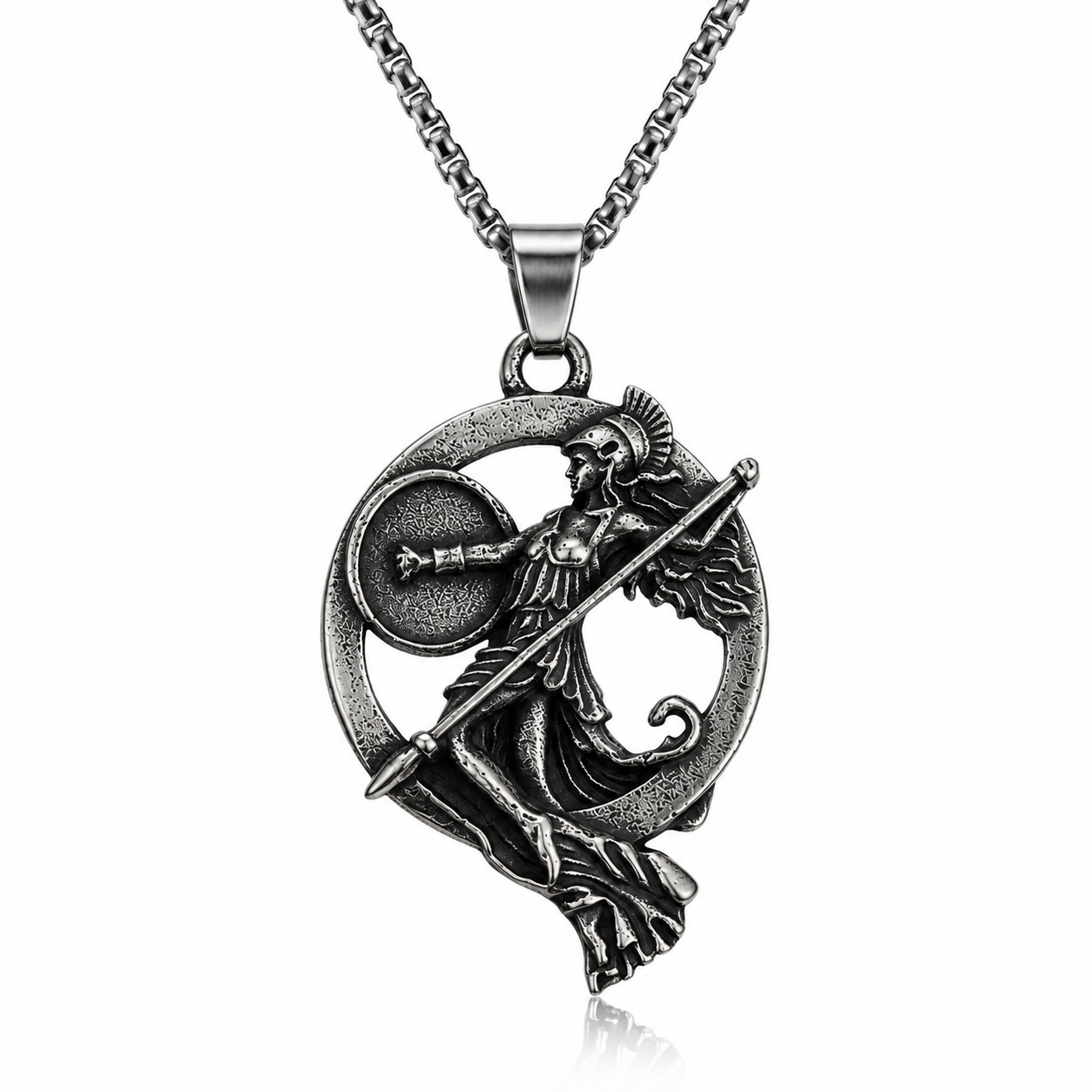 Unisex Retro Greek Goddess Warrior Pendant Necklace Dark Silver Stainless Steel Mythology Chain Gift PN0015