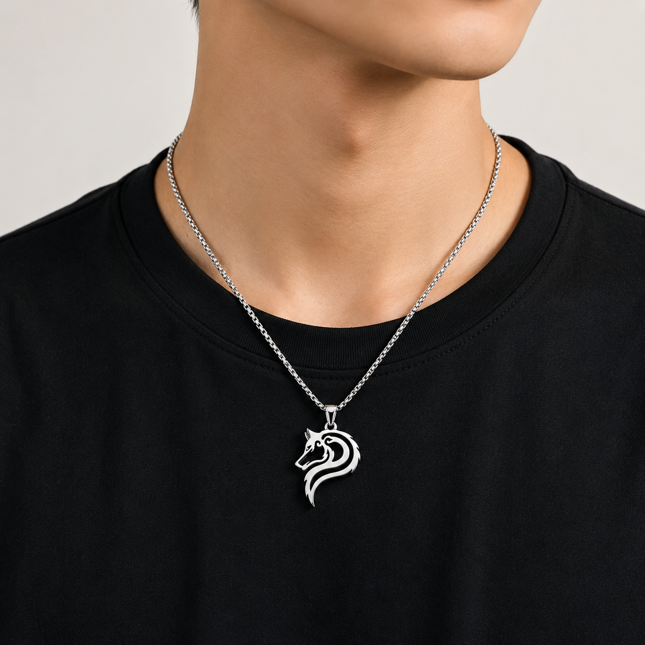 Wolf Head Pendant Stainless Steel Silver Tribal Animal Totem Wolf Necklace Chain PN0012