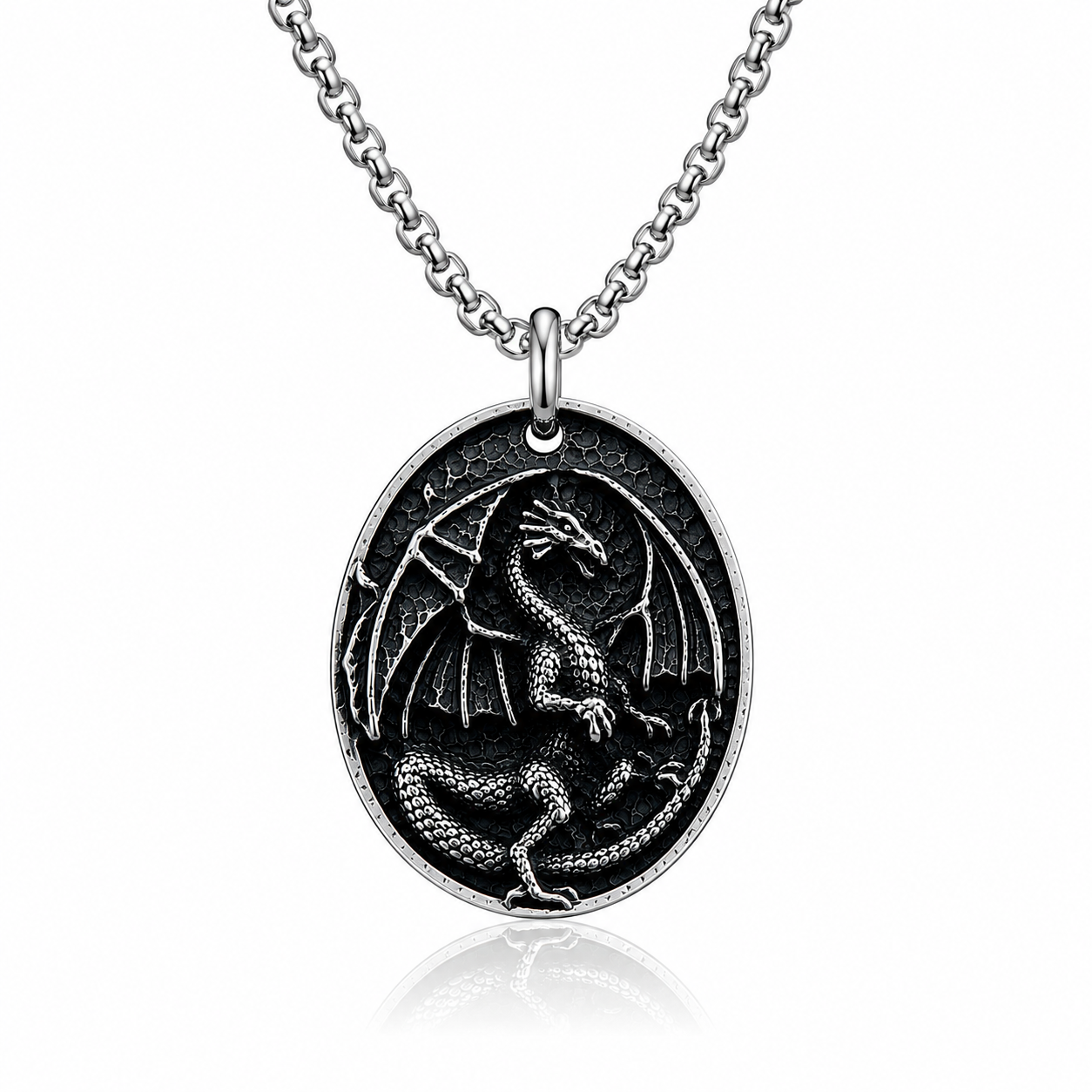 Vintage Dragon Pendant Necklace for Men Stainless Steel Gothic Biker Fantasy Style Necklace Dark Silver Finish Chain PN0020