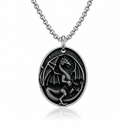 Vintage Dragon Pendant Necklace for Men Stainless Steel Gothic Biker Fantasy Style Necklace Dark Silver Finish Chain PN0020