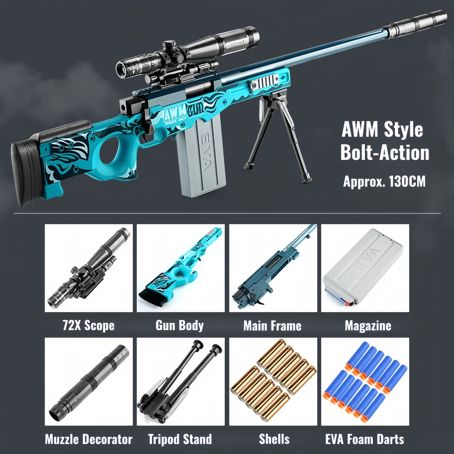 Large AWM Style Foam Dart Blaster Toy Scope Shell Ejection EVA Bullets Kids Gift
