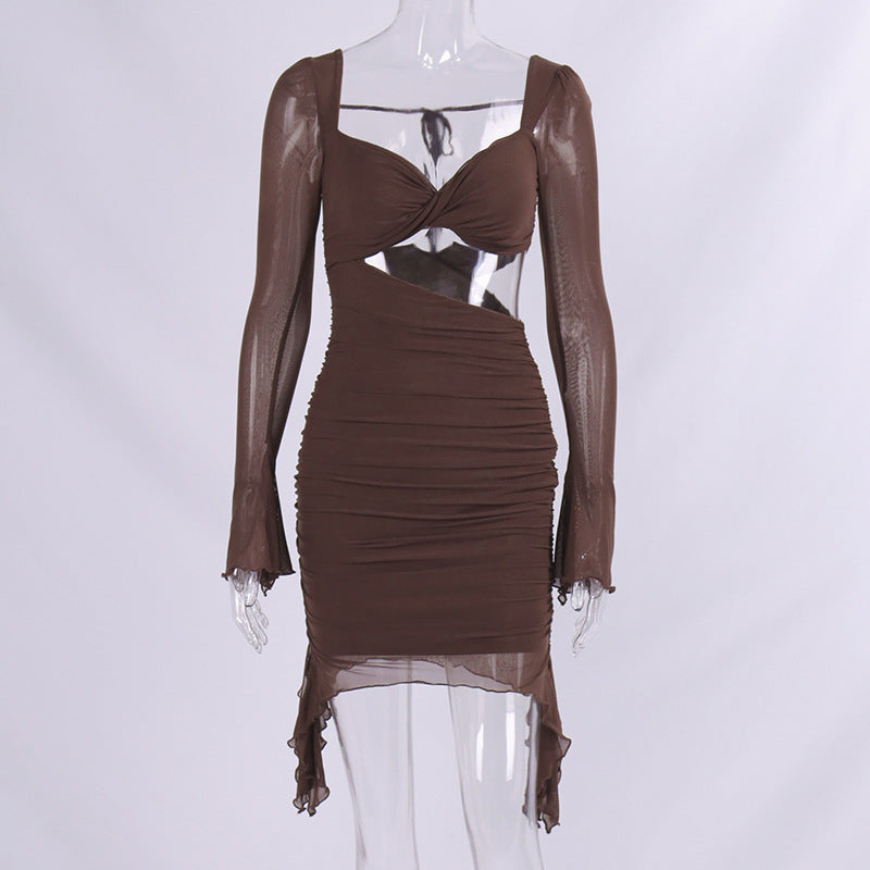 Women Sexy Net Yarn Square Neckline Hollow Backless Fashion Miniskirt Dress