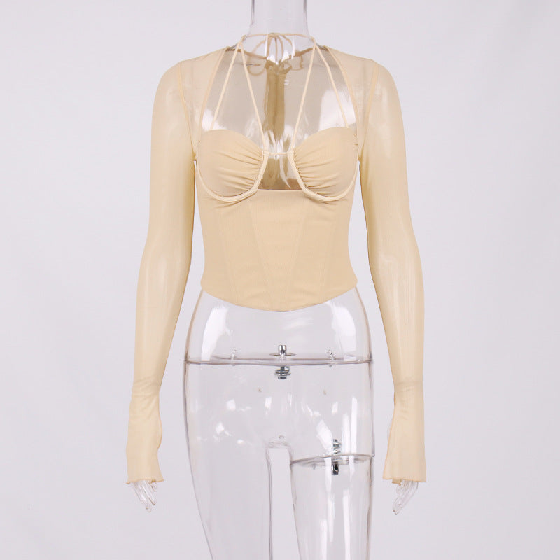 Sexy Women Fishbone Hollow Perspective Exposed Navel Mesh Short Top 3 Colors