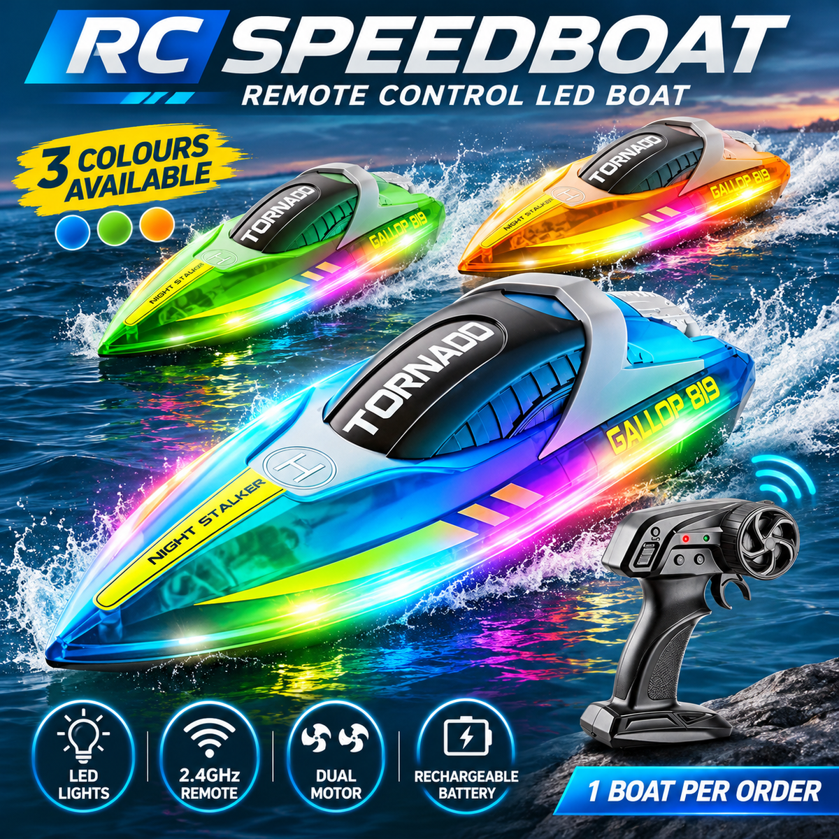 RC Speed Boat 2.4GHz Remote Control Dual Motor LED Lights Rechargeable Toys Boys