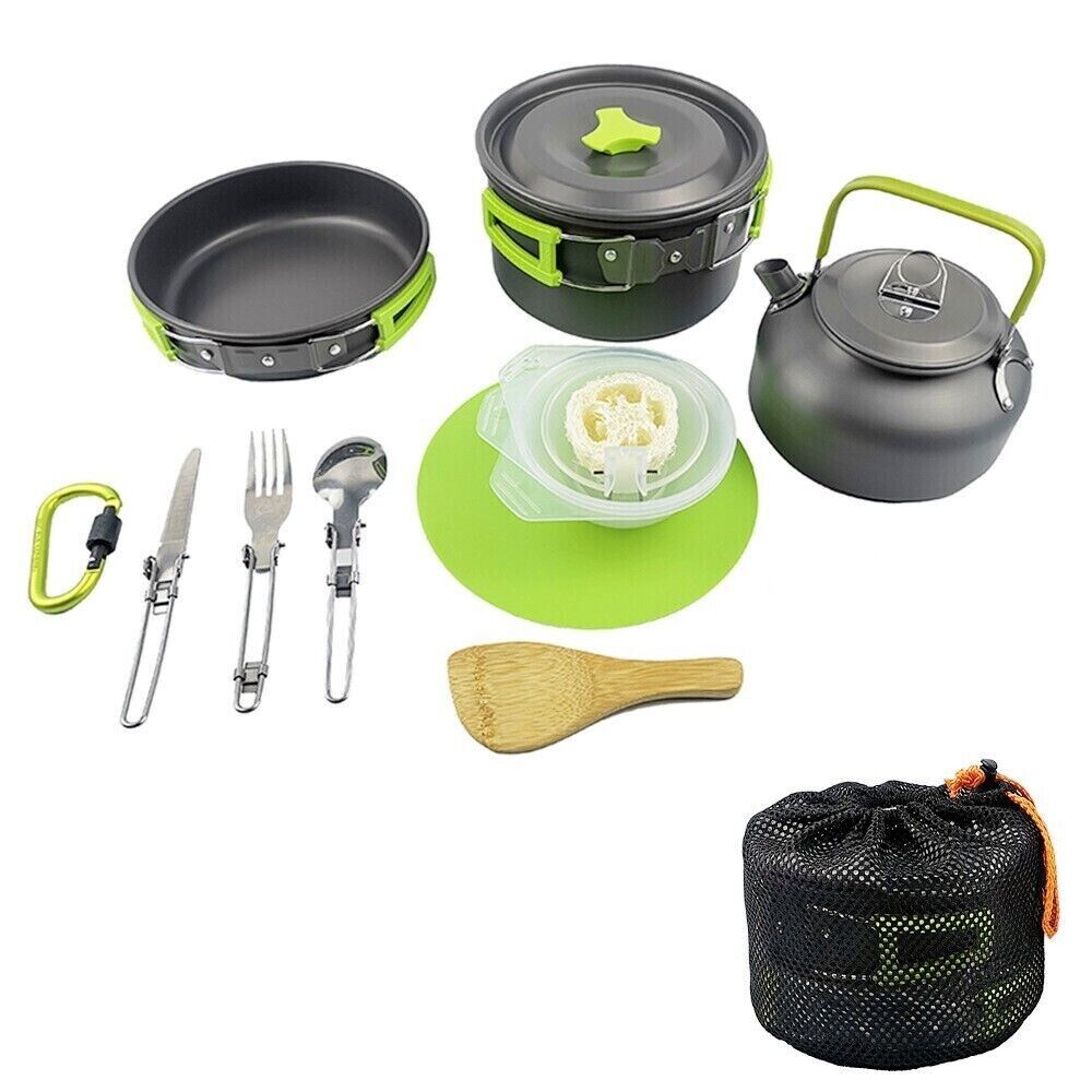 Outdoor Portable Camping Picnic Pots Pans Teapot Set With Cut Board Cutlery