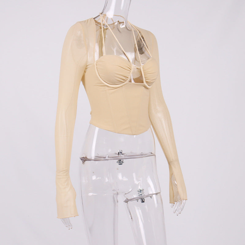 Sexy Women Fishbone Hollow Perspective Exposed Navel Mesh Short Top 3 Colors