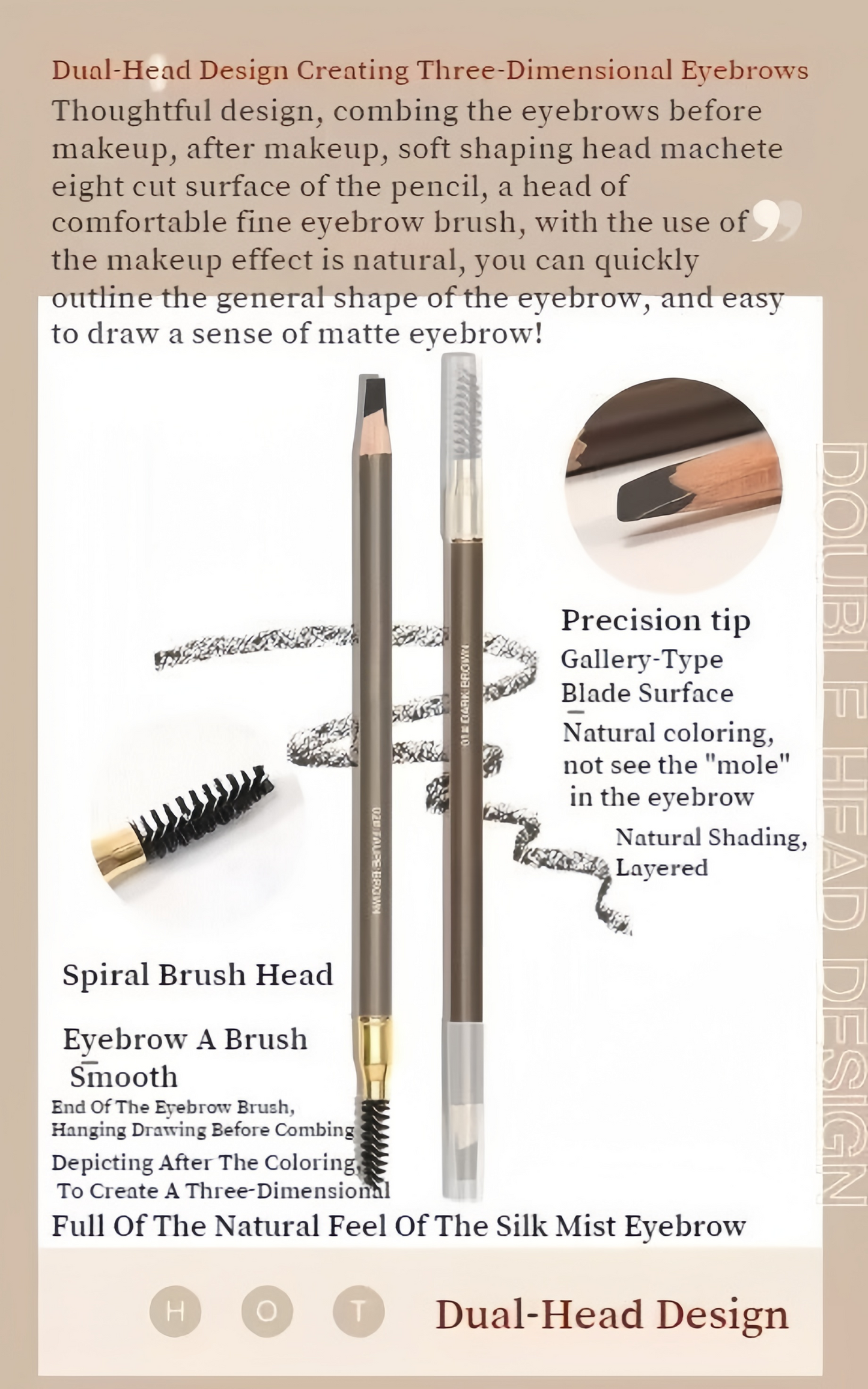 Waterproof Knife Shape Eyebrow Pencil & Spoolie Brush Natural Finish Brow Makeup