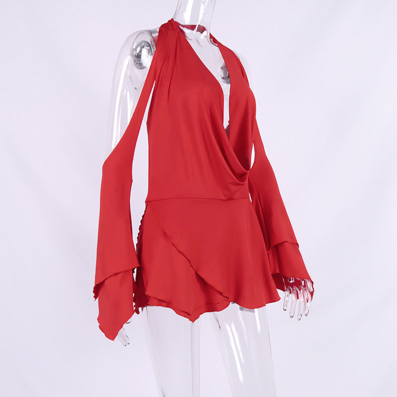 Women Sexy Milk Fiber Halter V-Neck Flared Sleeve Backless Miniskirt Dress