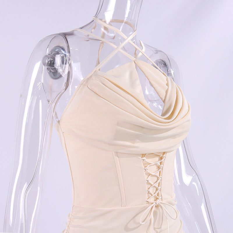 Women Sexy Halter Neck Backless Cross Frenulum Tight Fitting Miniskirt Dress