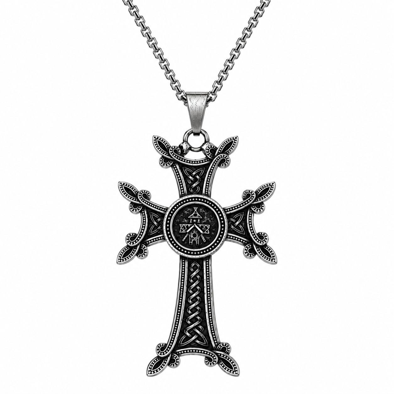 Nordic Viking Cross Pendant Necklace Celtic Knot Stainless Steel Norse Medieval Jewellery 60cm Chain Gift For Men PN0159