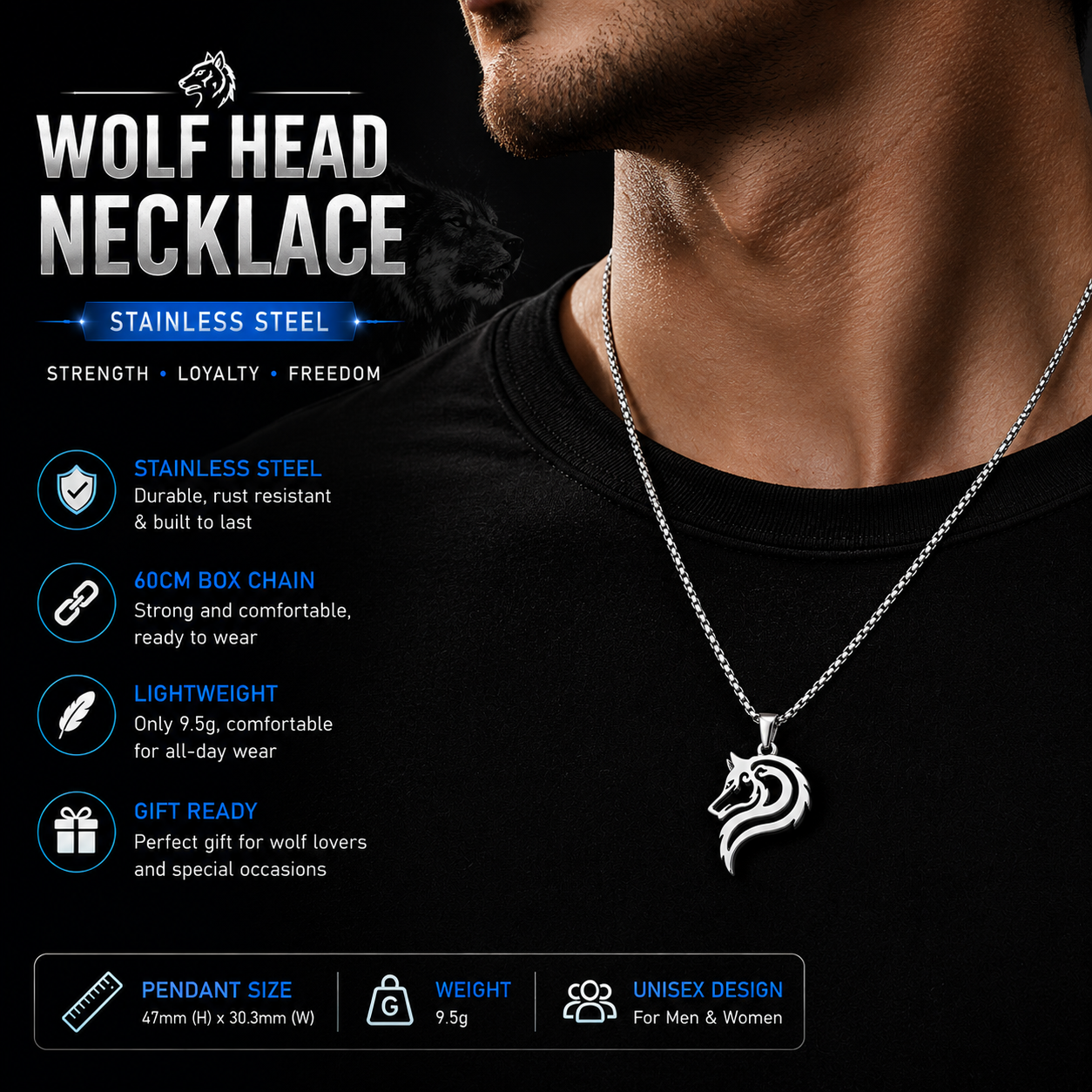 Wolf Head Pendant Stainless Steel Silver Tribal Animal Totem Wolf Necklace Chain PN0012