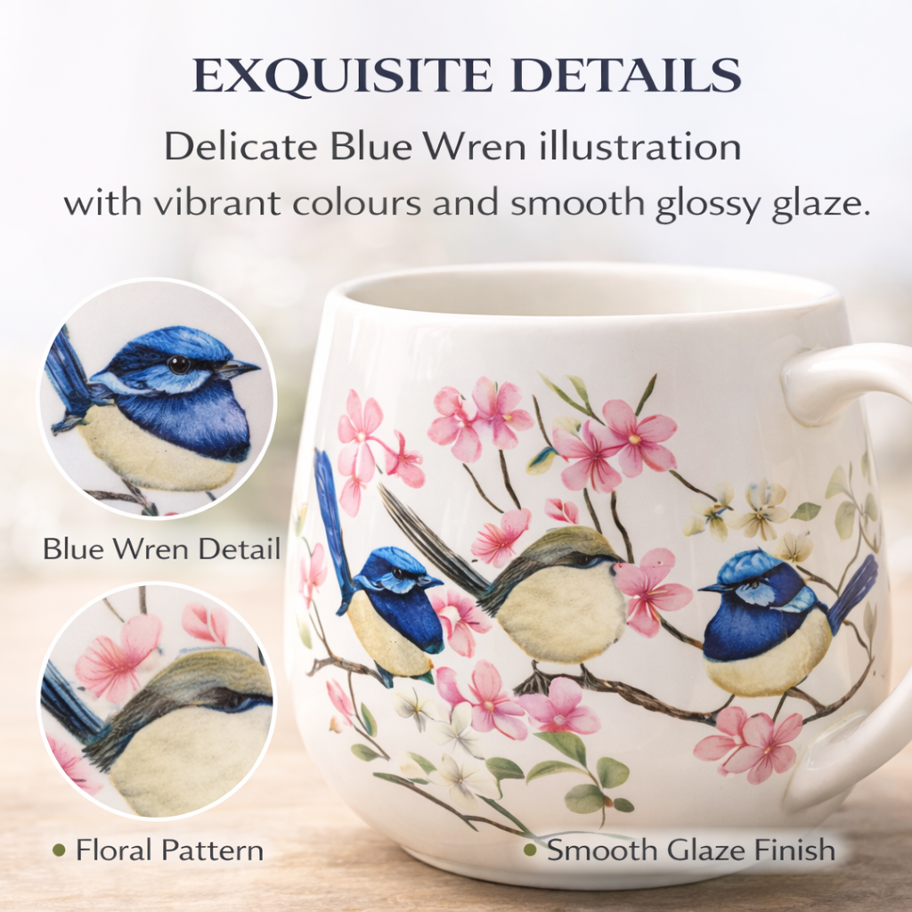 Blue Wren Bird Floral Mug 400ml Fine Porcelain Coffee Tea Cup Birthday Gift Box