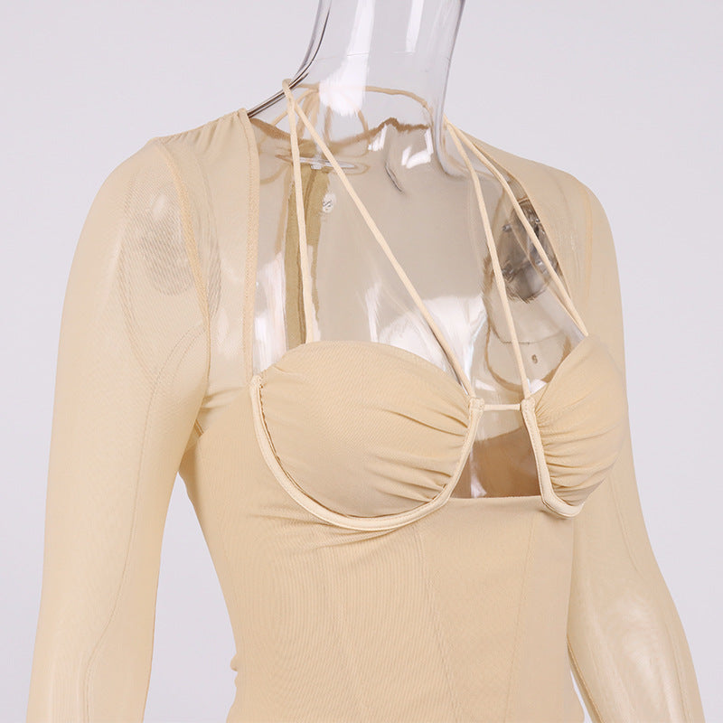 Sexy Women Fishbone Hollow Perspective Exposed Navel Mesh Short Top 3 Colors