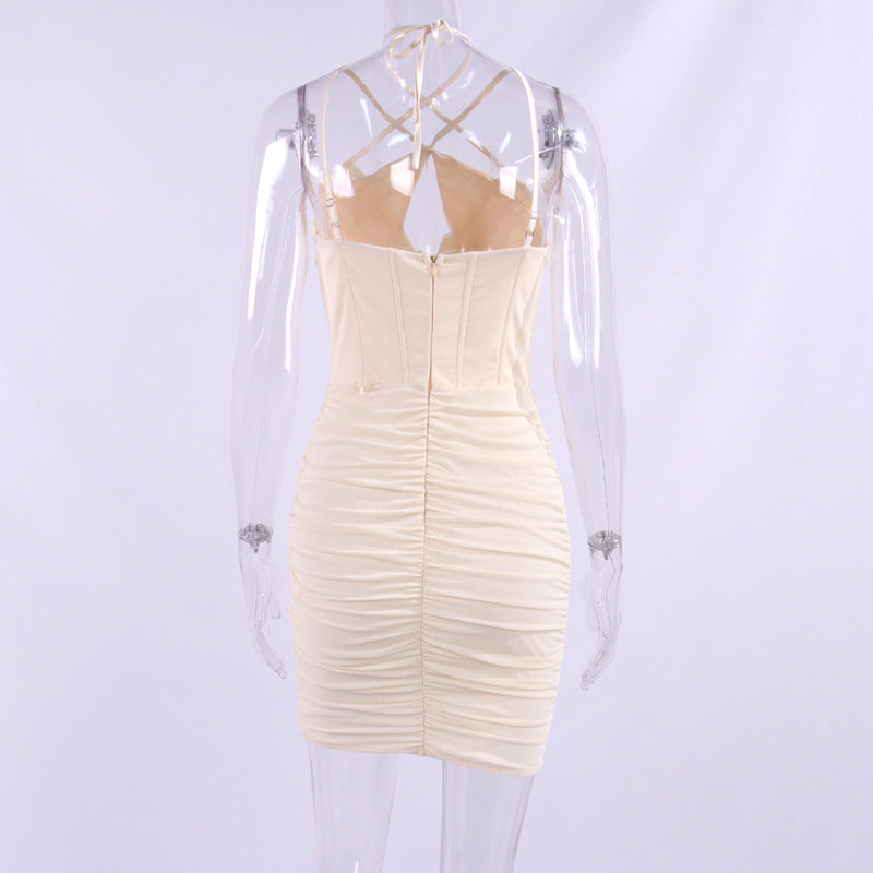 Women Sexy Halter Neck Backless Cross Frenulum Tight Fitting Miniskirt Dress