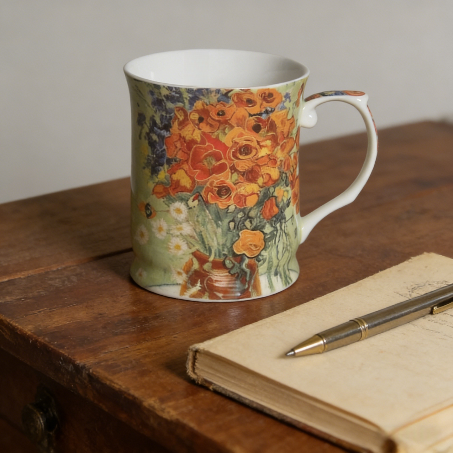 415cc Fine Porcelain Floral Art Mug – Van Gogh Style Red Bouquet Coffee Tea Cup # CW1693