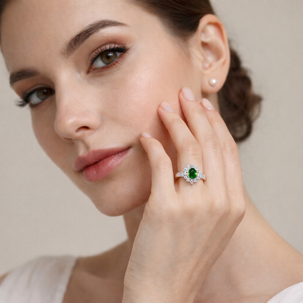 Women Green Oval CZ Halo Ring Silver Tone Alloy Engagement Style Jewellery Gift # R190