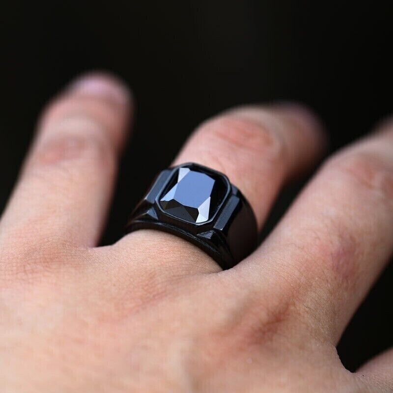 Men Biker Square Signet Ring Black or Red Synthetic Stone Vintage Statement Band # R321