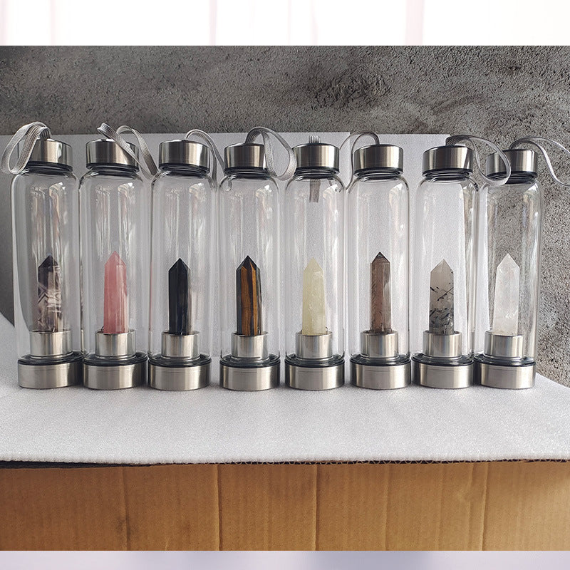 Fashion Colorful Energy Crystal Stone Hexagon Column Glass Water Bottle Gift