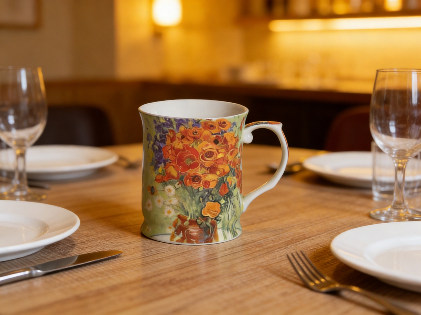 415cc Fine Porcelain Floral Art Mug – Van Gogh Style Red Bouquet Coffee Tea Cup # CW1693