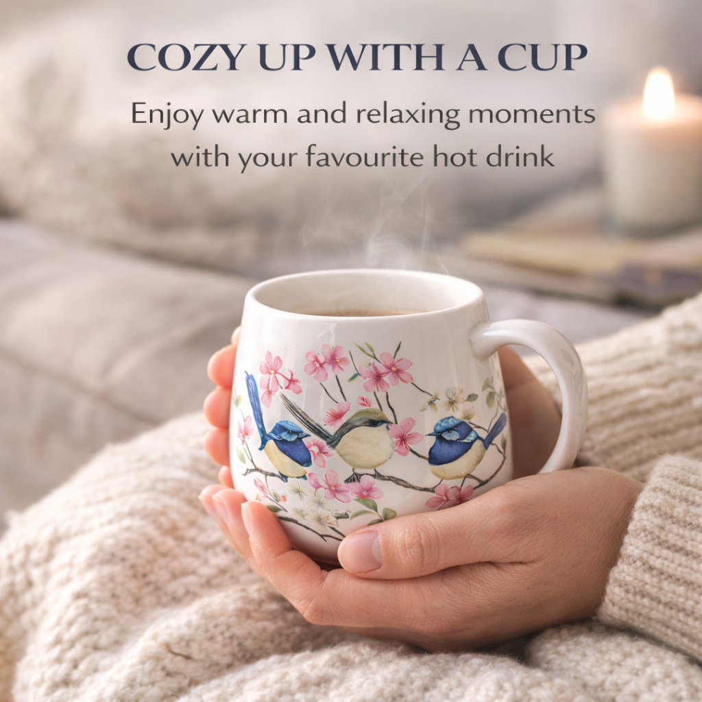 Blue Wren Bird Floral Mug 400ml Fine Porcelain Coffee Tea Cup Birthday Gift Box