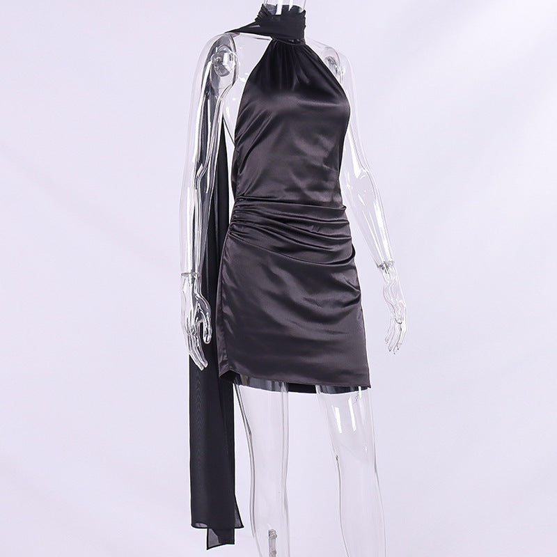 Women Sexy Satin Halter Neckline Backless Chiffon Streamers Miniskirt Dress