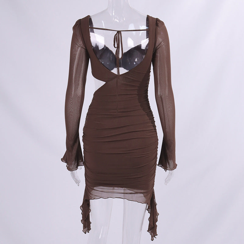 Women Sexy Net Yarn Square Neckline Hollow Backless Fashion Miniskirt Dress
