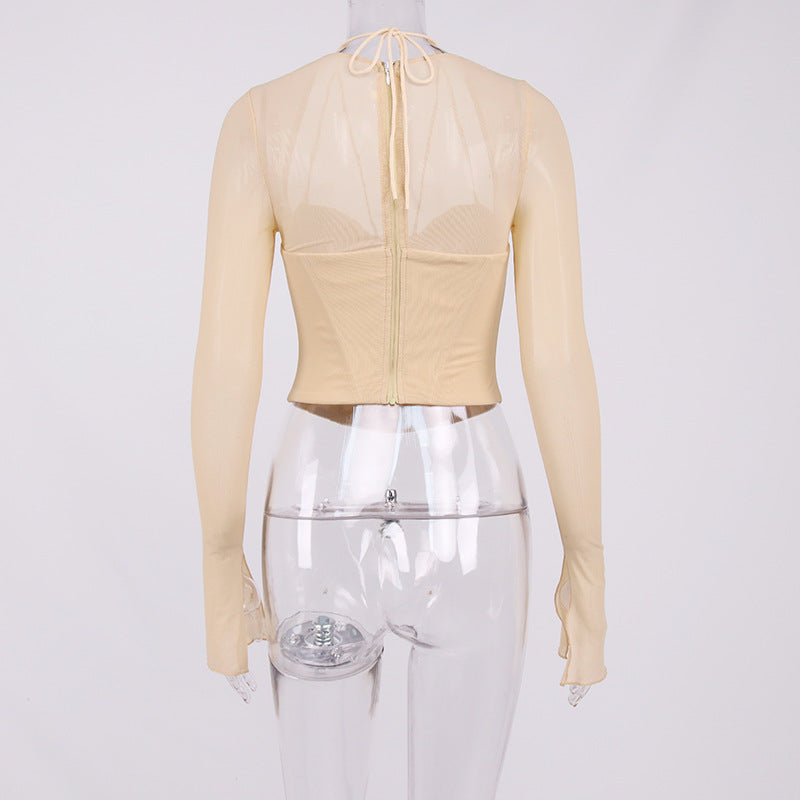 Sexy Women Fishbone Hollow Perspective Exposed Navel Mesh Short Top 3 Colors