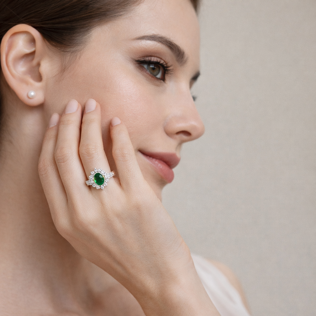 Women Green Oval CZ Halo Ring Silver Tone Alloy Engagement Style Jewellery Gift # R190