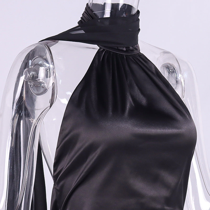 Women Sexy Satin Halter Neckline Backless Chiffon Streamers Miniskirt Dress