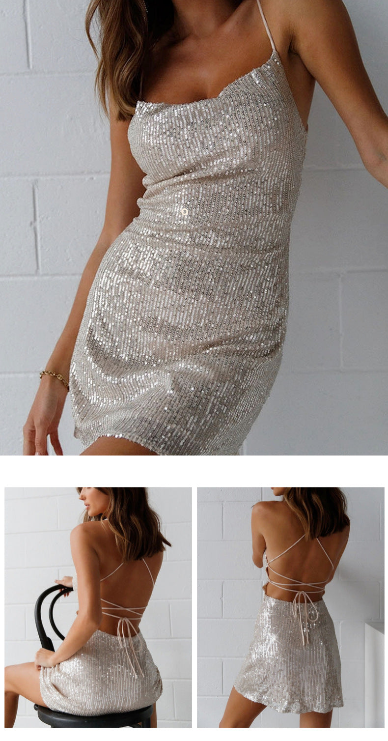 Women Fashion Soft Nightdress Erotic Backless Party Club Prom Glitter Sexy Sequin Bodycon Halter Dress