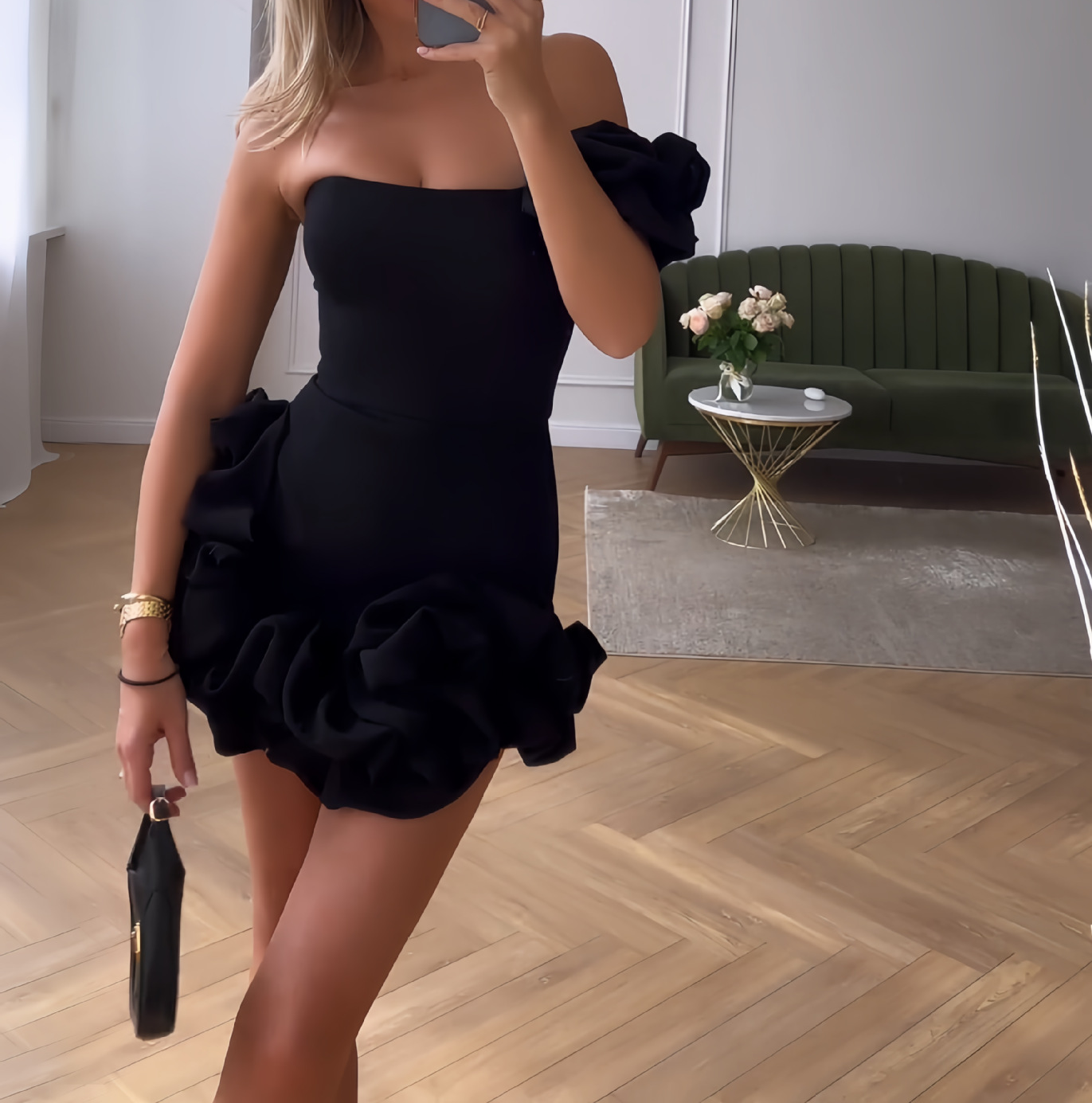 Sexy Women's Dress Ruffled Flower Bud Waist One Shoulder Wipe Chest Hip Dress