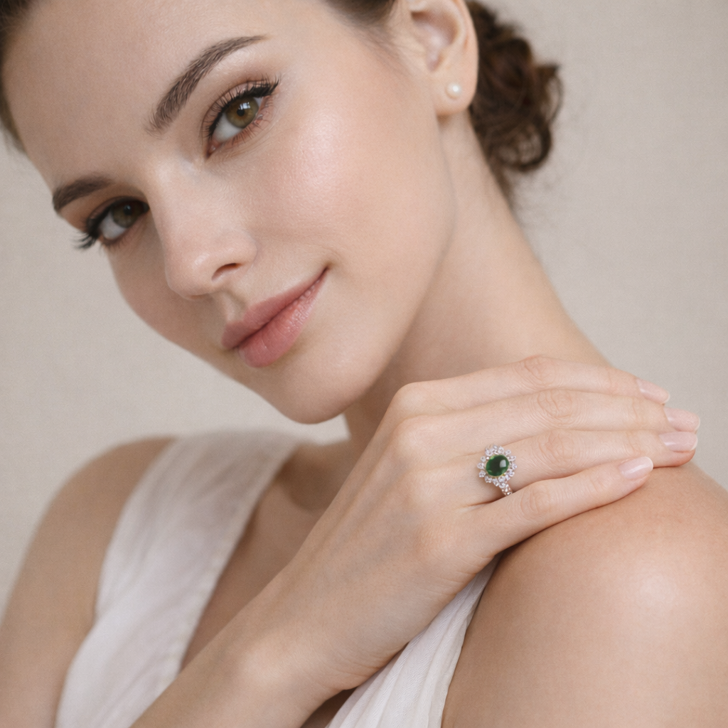 Women Green Oval CZ Halo Ring Silver Tone Alloy Engagement Style Jewellery Gift # R190
