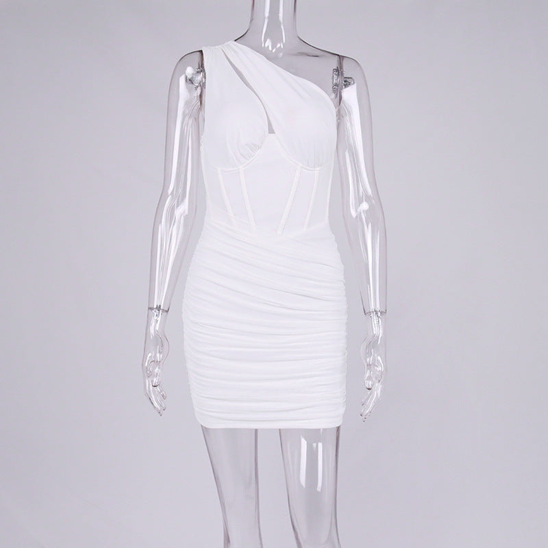 Sexy Women Hollow One Shoulder Fish-bone Underwire Pleated Miniskirt Dress