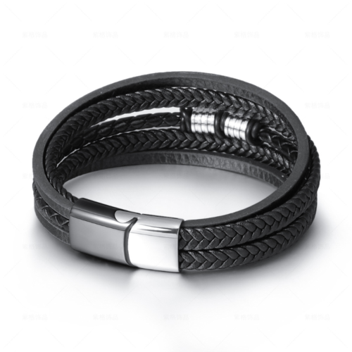 Men Cuff Vintage Wrist Rope PU Leather Bracelet Bangle Stainless Steel Buckle